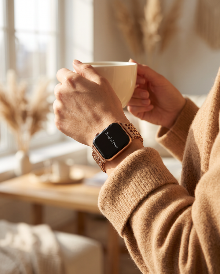 Rose gold chain band for Apple Watch styled with a camel sweater