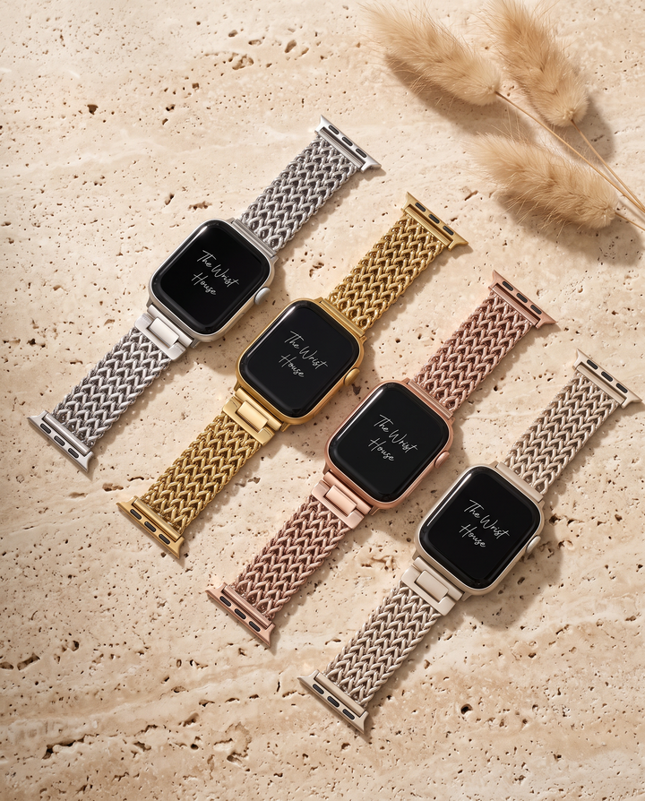 Woven chain Apple Watch band in gold, rose gold, silver and starlight