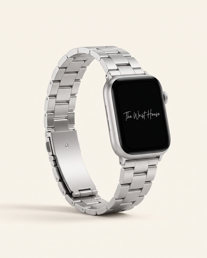 Women's silver classic link band for Apple Watch, stainless steel bracelet