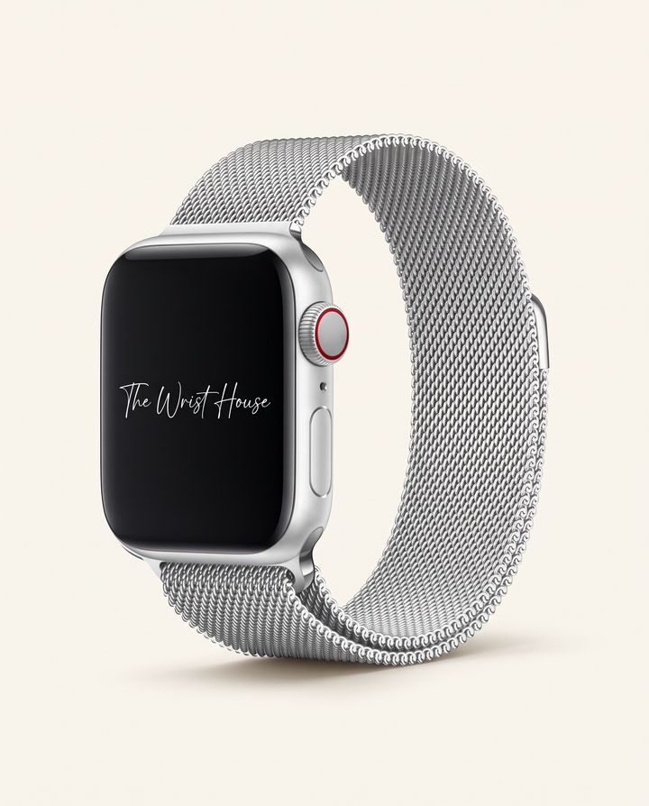 Women's silver milanese mesh band for Apple Watch with magnetic clasp