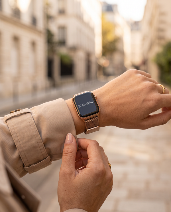 Milanese mesh band for Apple Watch styled with a trench coat