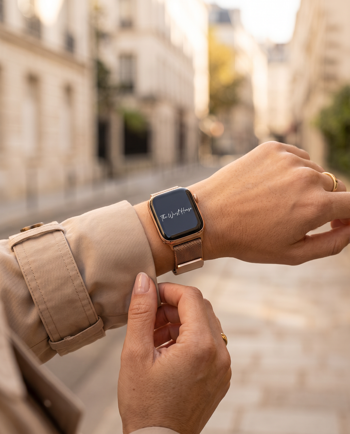 Milanese mesh band for Apple Watch styled with a trench coat