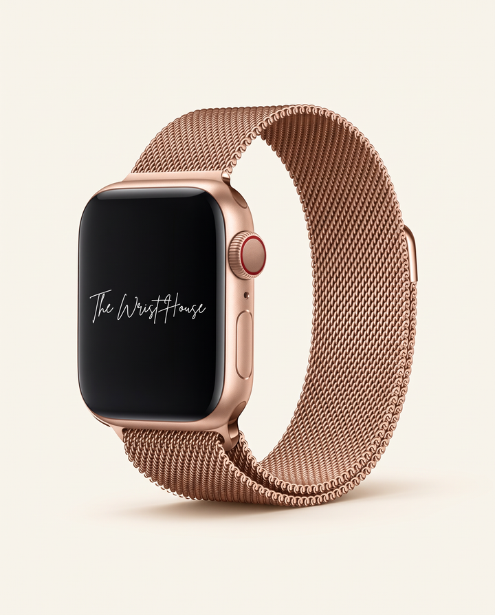 Women's rose gold milanese mesh band for Apple Watch with magnetic clasp